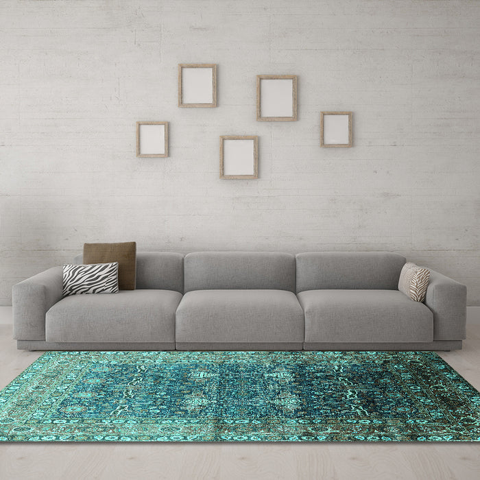 Machine Washable Oriental Turquoise Industrial Area Rugs in a Living Room,, wshurb2093turq