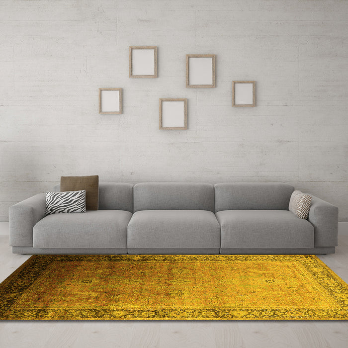 Machine Washable Oriental Yellow Industrial Rug in a Living Room, wshurb2094yw