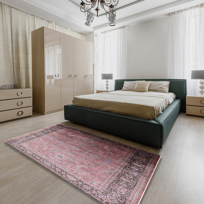 Mid-Century Modern Chestnut Brown Oriental Rug in a Bedroom, urb2094