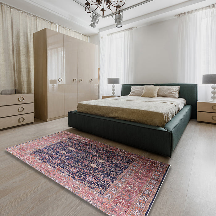 Mid-Century Modern Purple Oriental Rug in a Bedroom, urb2095