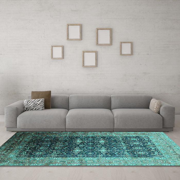 Machine Washable Oriental Turquoise Industrial Area Rugs in a Living Room,, wshurb2095turq