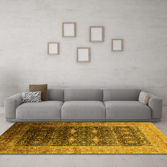 Machine Washable Oriental Yellow Industrial Rug in a Living Room, wshurb2095yw