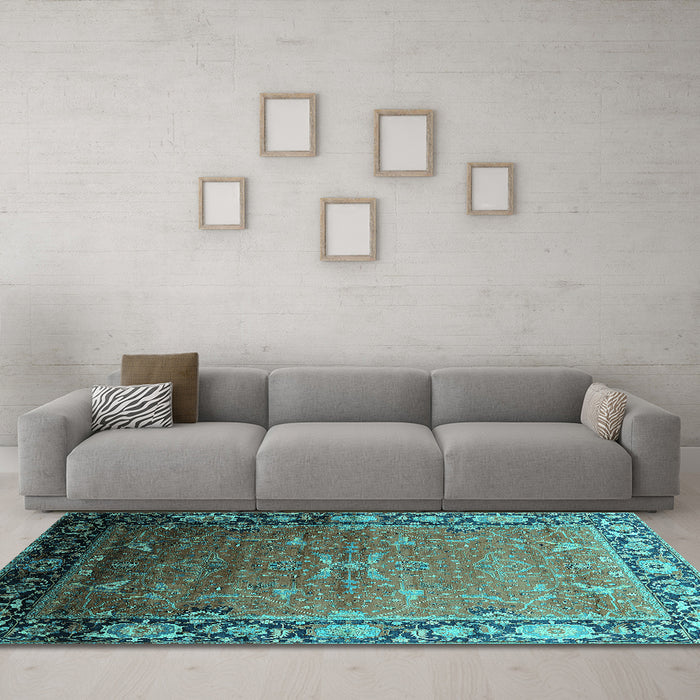 Machine Washable Oriental Turquoise Industrial Area Rugs in a Living Room,, wshurb2096turq