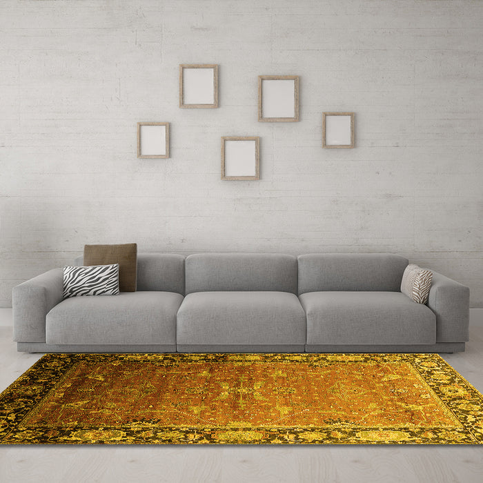 Machine Washable Oriental Yellow Industrial Rug in a Living Room, wshurb2096yw