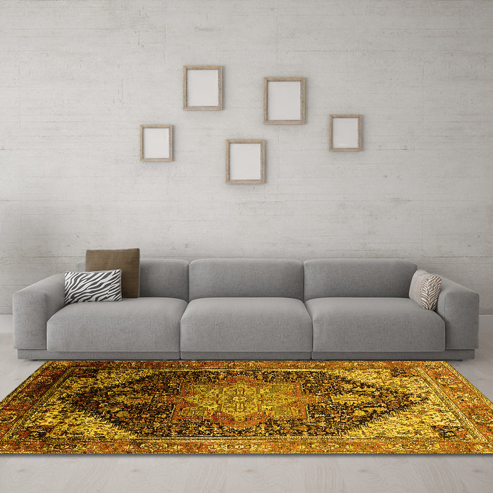 Machine Washable Oriental Yellow Industrial Rug in a Living Room, wshurb2097yw