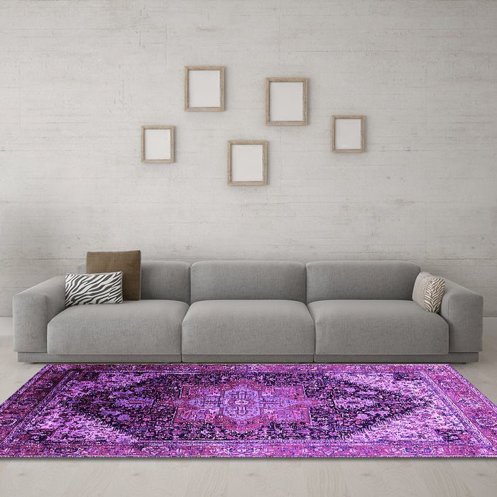 Machine Washable Oriental Purple Industrial Area Rugs in a Living Room, wshurb2097pur