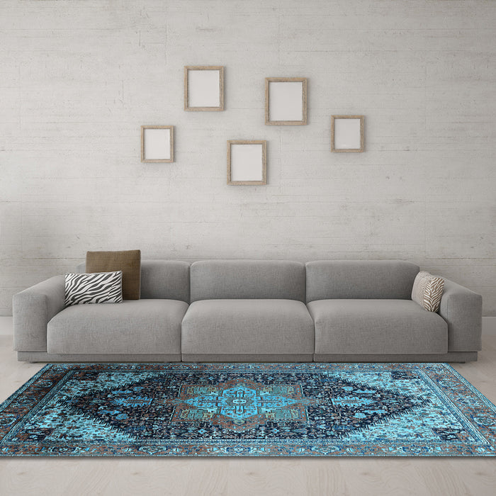 Machine Washable Oriental Light Blue Industrial Rug in a Living Room, wshurb2097lblu
