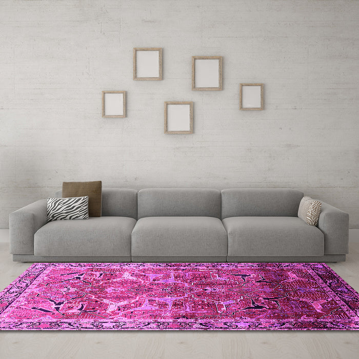Machine Washable Oriental Pink Industrial Rug in a Living Room, wshurb2098pnk