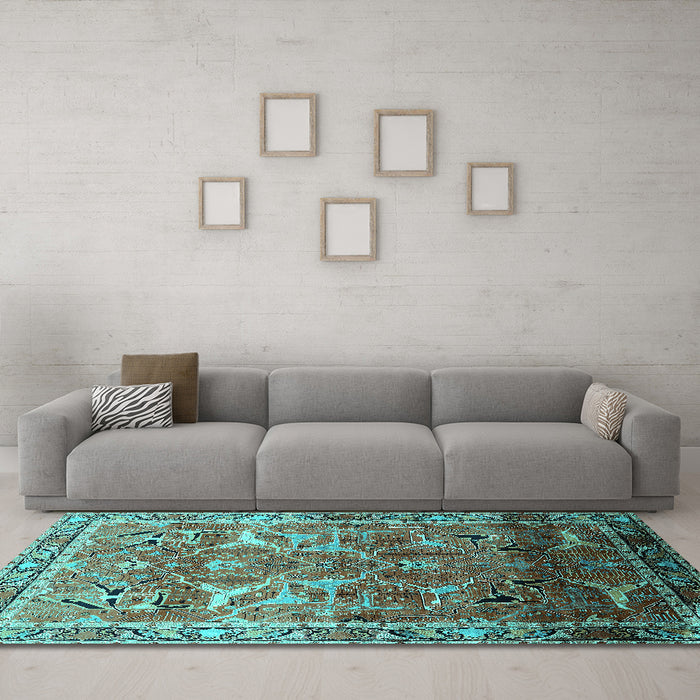 Machine Washable Oriental Turquoise Industrial Area Rugs in a Living Room,, wshurb2098turq