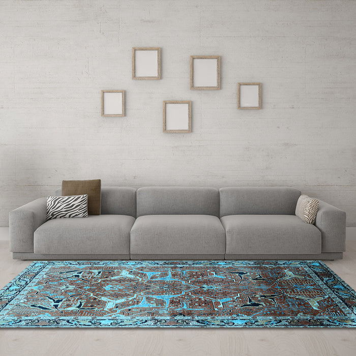 Machine Washable Oriental Light Blue Industrial Rug in a Living Room, wshurb2098lblu