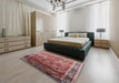 Mid-Century Modern Khaki Rose Pink Oriental Rug in a Bedroom, urb2098