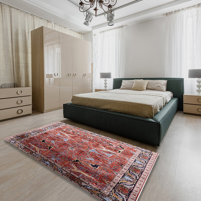 Mid-Century Modern Khaki Rose Pink Oriental Rug in a Bedroom, urb2098
