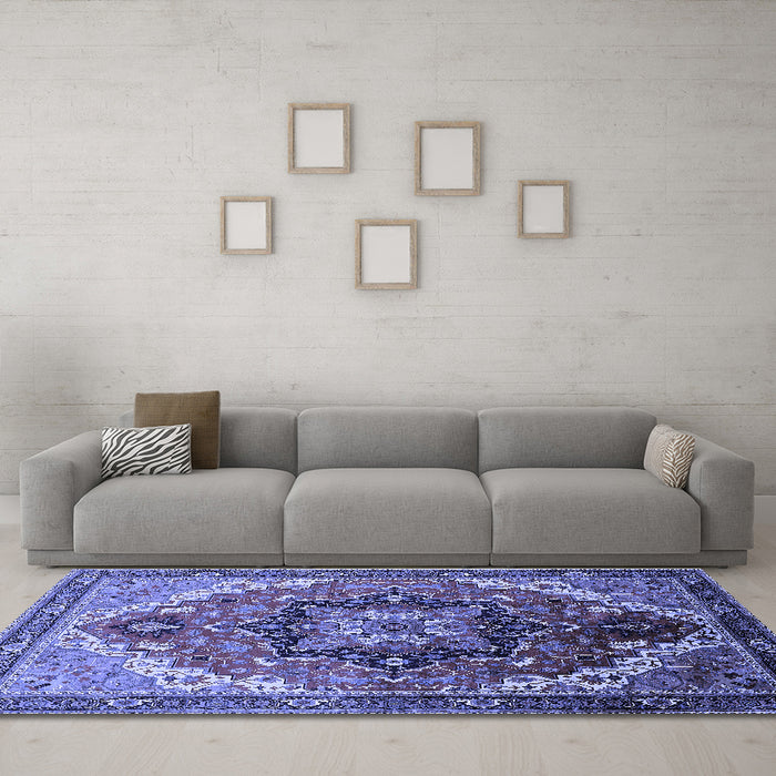 Machine Washable Oriental Blue Industrial Rug in a Living Room, wshurb2099blu