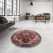 Round Mid-Century Modern Khaki Rose Pink Oriental Rug in a Office, urb2099