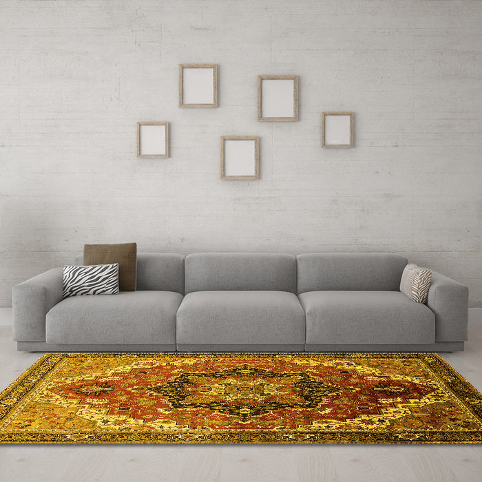 Machine Washable Oriental Yellow Industrial Rug in a Living Room, wshurb2099yw