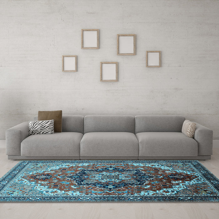 Machine Washable Oriental Light Blue Industrial Rug in a Living Room, wshurb2099lblu
