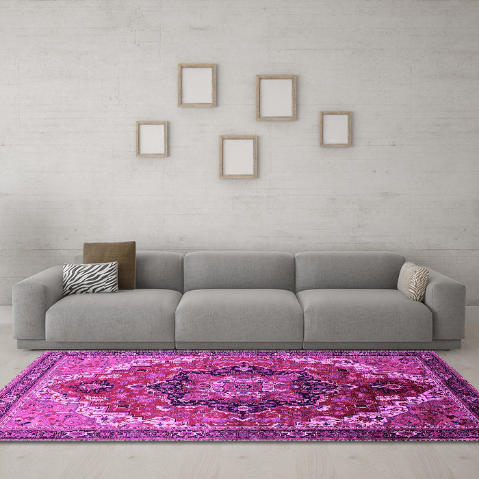 Machine Washable Oriental Pink Industrial Rug in a Living Room, wshurb2099pnk