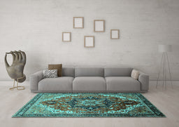 Machine Washable Oriental Turquoise Industrial Area Rugs in a Living Room,, wshurb2099turq