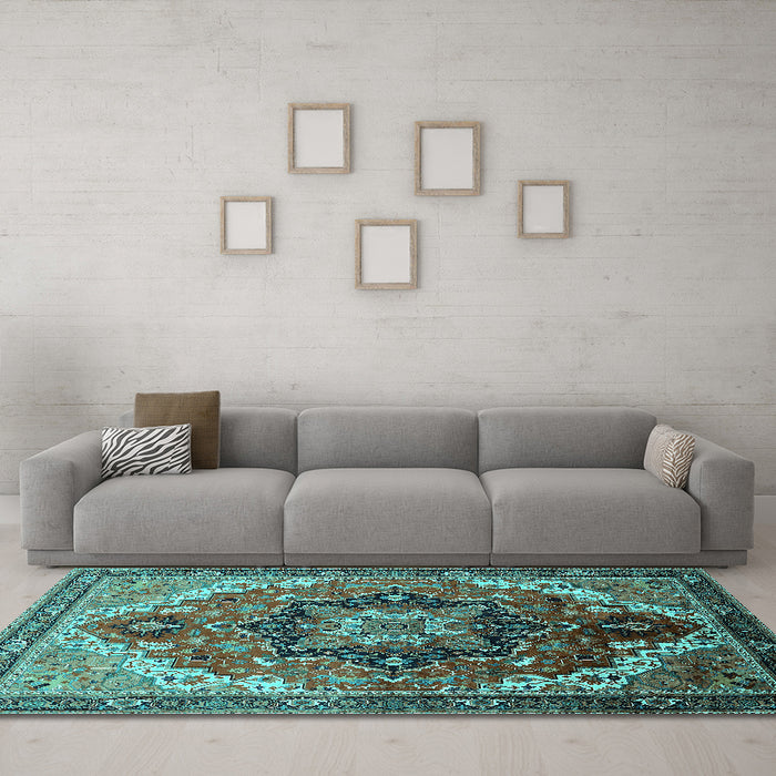 Machine Washable Oriental Turquoise Industrial Area Rugs in a Living Room,, wshurb2099turq