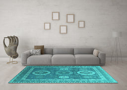 Machine Washable Oriental Turquoise Industrial Area Rugs in a Living Room,, wshurb2100turq