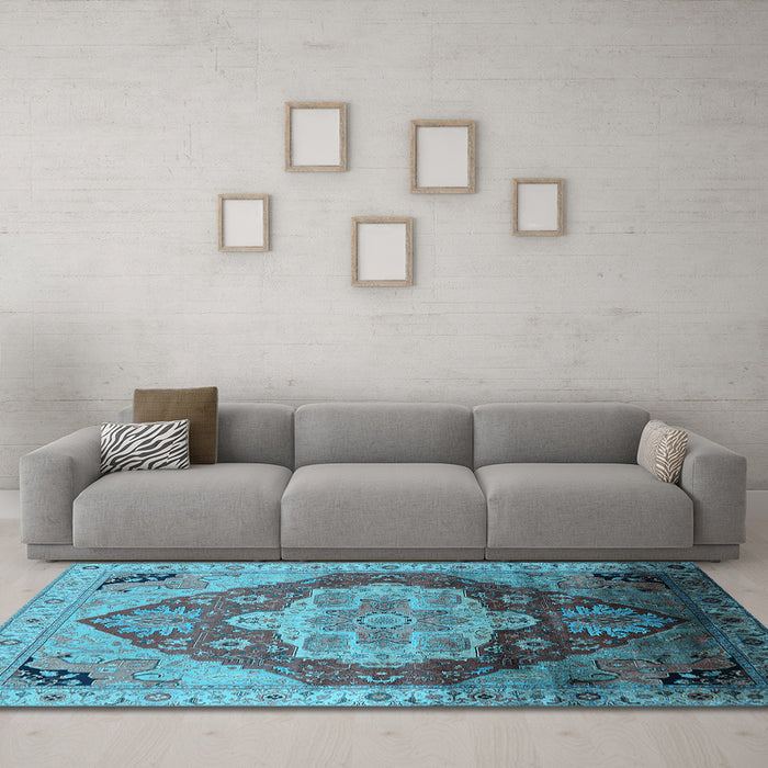 Machine Washable Oriental Light Blue Industrial Rug in a Living Room, wshurb2101lblu