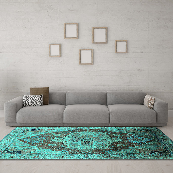 Machine Washable Oriental Turquoise Industrial Area Rugs in a Living Room,, wshurb2101turq