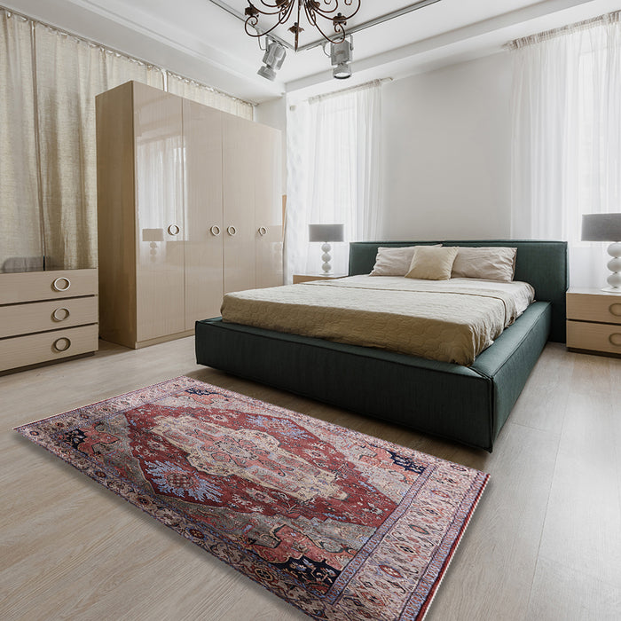 Mid-Century Modern Chestnut Brown Oriental Rug in a Bedroom, urb2101