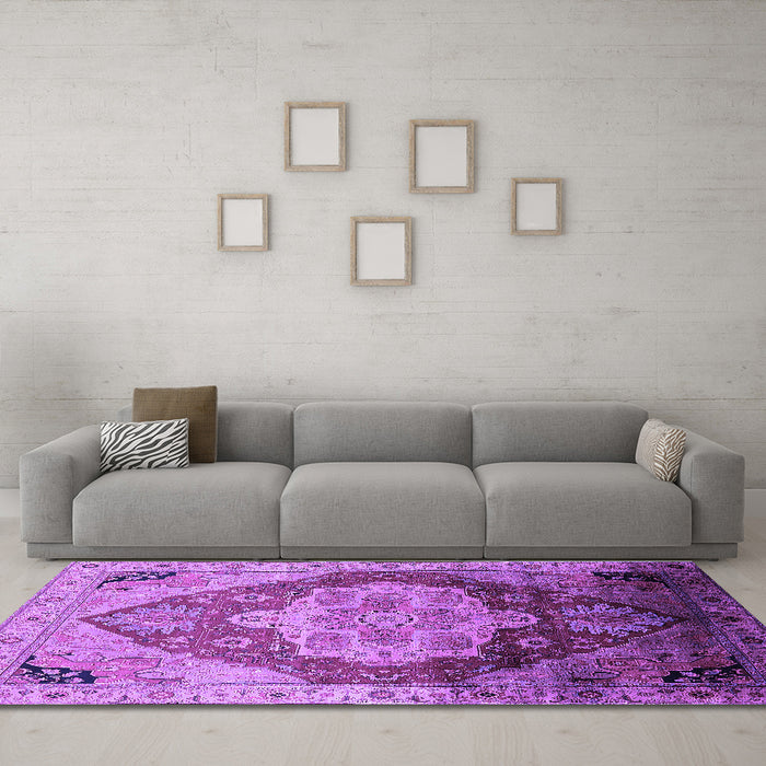 Machine Washable Oriental Purple Industrial Area Rugs in a Living Room, wshurb2101pur