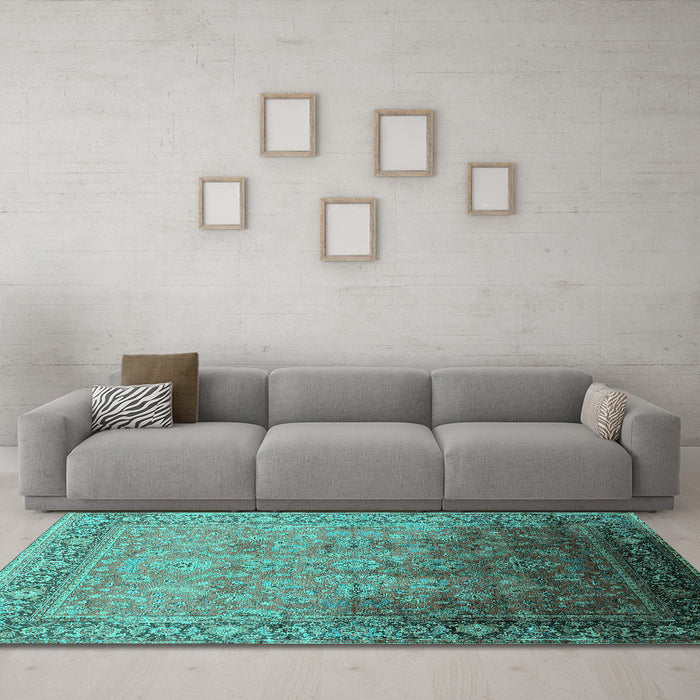 Machine Washable Oriental Turquoise Industrial Area Rugs in a Living Room,, wshurb2102turq