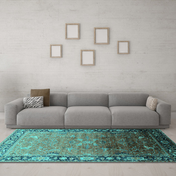 Machine Washable Oriental Turquoise Industrial Area Rugs in a Living Room,, wshurb2103turq