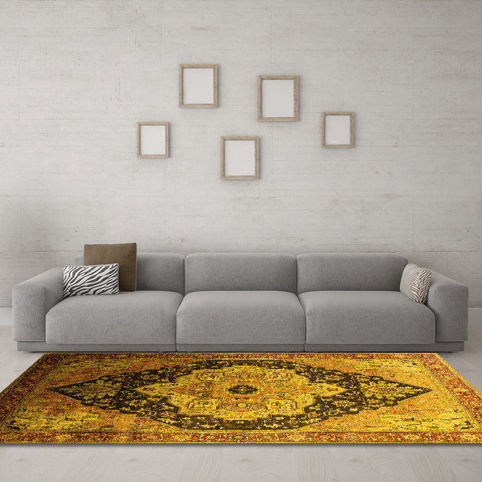 Machine Washable Oriental Yellow Industrial Rug in a Living Room, wshurb2104yw