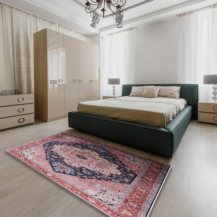 Mid-Century Modern Pink Oriental Rug in a Bedroom, urb2104
