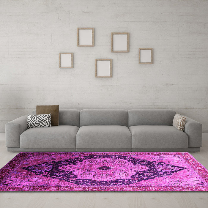 Machine Washable Oriental Pink Industrial Rug in a Living Room, wshurb2104pnk
