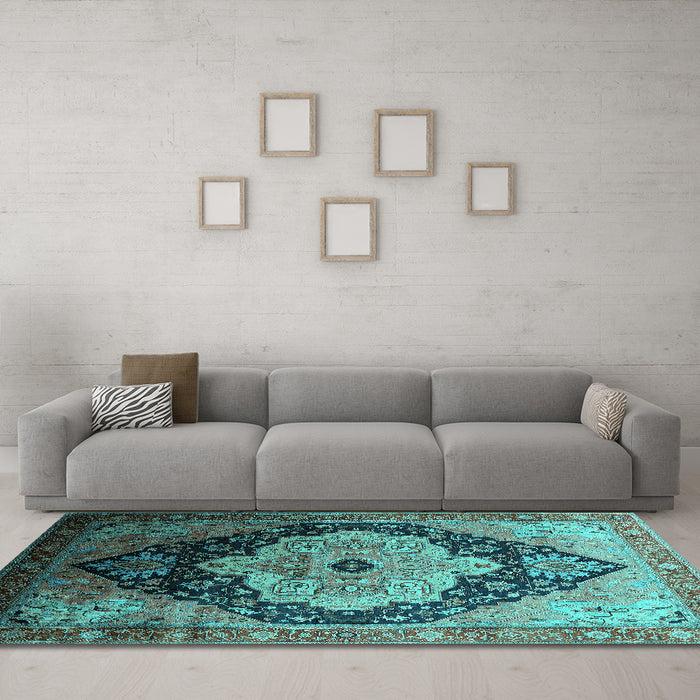Machine Washable Oriental Turquoise Industrial Area Rugs in a Living Room,, wshurb2104turq