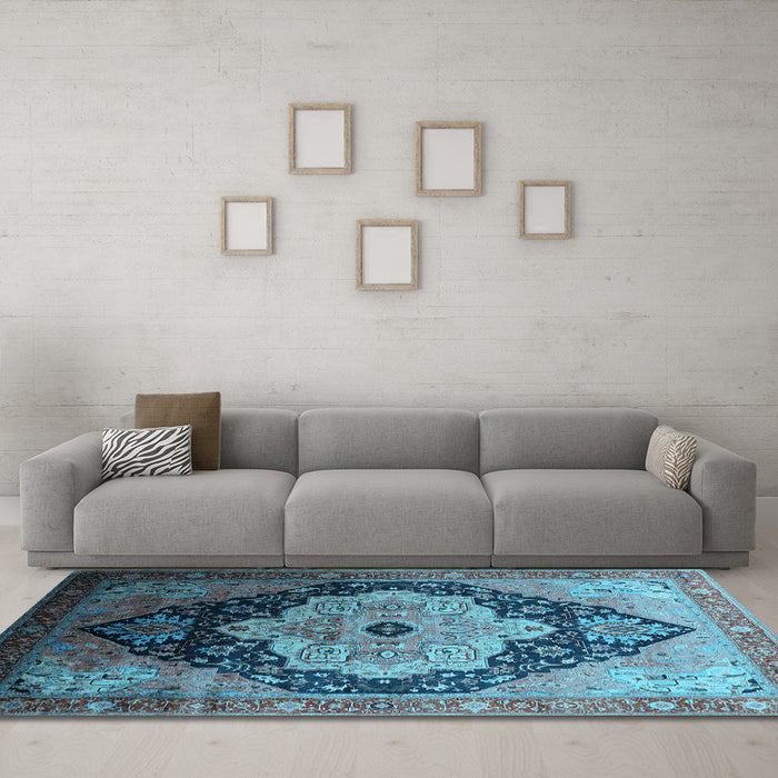 Machine Washable Oriental Light Blue Industrial Rug in a Living Room, wshurb2104lblu