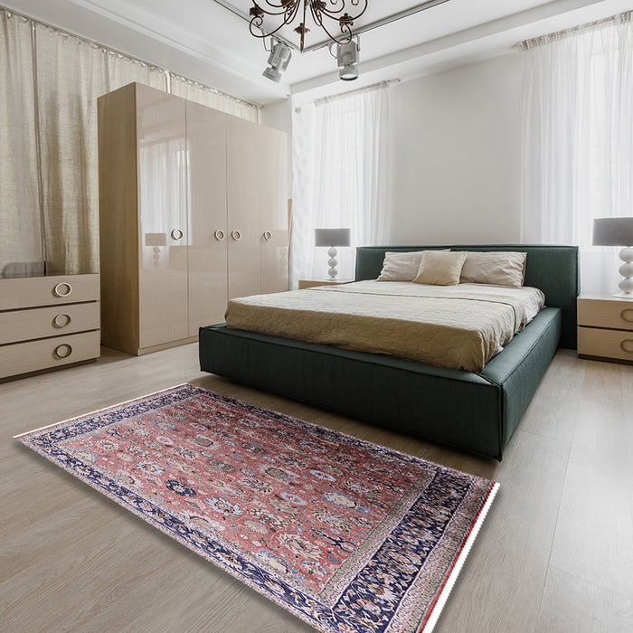 Mid-Century Modern Silver Pink Oriental Rug in a Bedroom, urb2105
