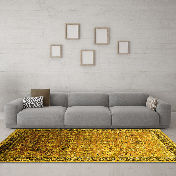 Machine Washable Oriental Yellow Industrial Rug in a Living Room, wshurb2105yw