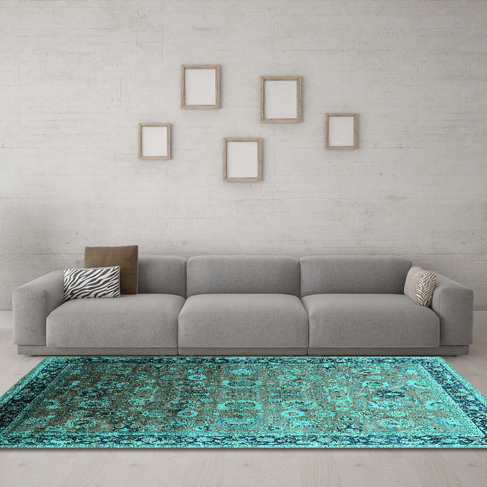 Machine Washable Oriental Turquoise Industrial Area Rugs in a Living Room,, wshurb2105turq