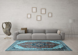 Machine Washable Oriental Light Blue Industrial Rug in a Living Room, wshurb2106lblu