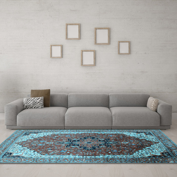 Machine Washable Oriental Light Blue Industrial Rug in a Living Room, wshurb2106lblu