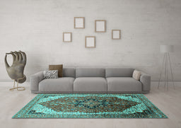 Machine Washable Oriental Turquoise Industrial Area Rugs in a Living Room,, wshurb2106turq
