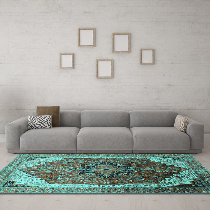 Machine Washable Oriental Turquoise Industrial Area Rugs in a Living Room,, wshurb2106turq