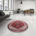 Round Mid-Century Modern Silver Pink Oriental Rug in a Office, urb2106