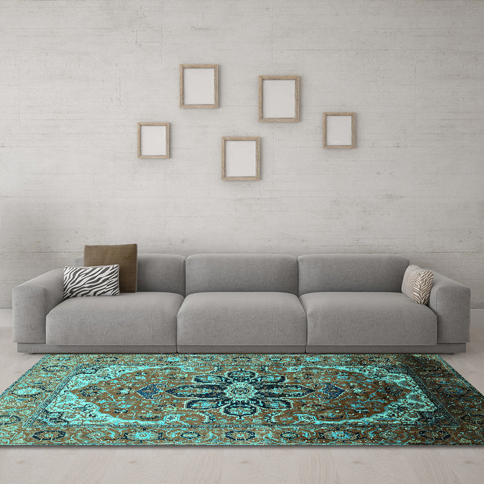 Machine Washable Oriental Turquoise Industrial Area Rugs in a Living Room,, wshurb2107turq