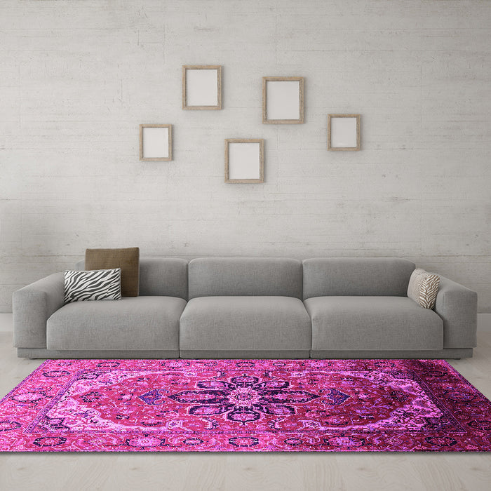 Machine Washable Oriental Pink Industrial Rug in a Living Room, wshurb2107pnk