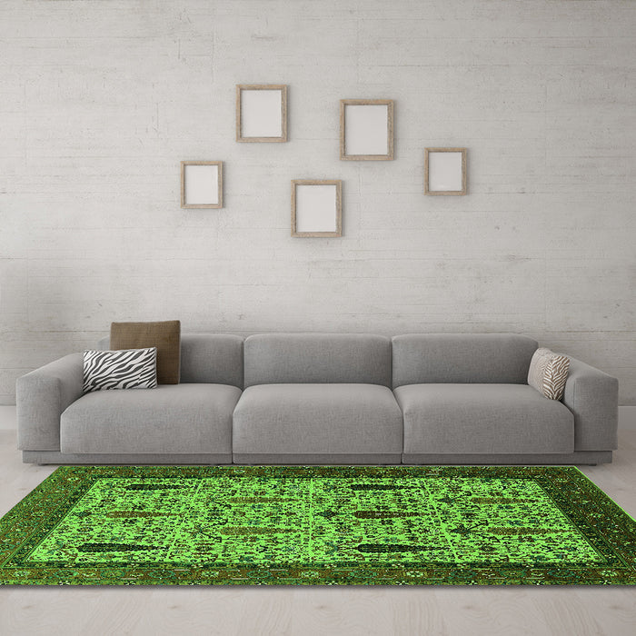Machine Washable Oriental Green Industrial Area Rugs in a Living Room,, wshurb2109grn