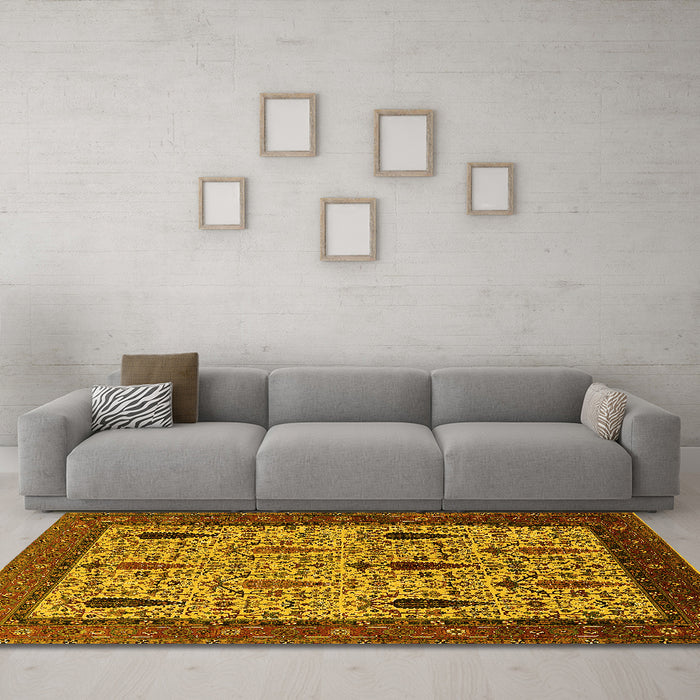 Machine Washable Oriental Yellow Industrial Rug in a Living Room, wshurb2109yw