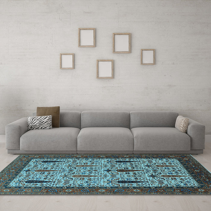 Machine Washable Oriental Light Blue Industrial Rug in a Living Room, wshurb2109lblu