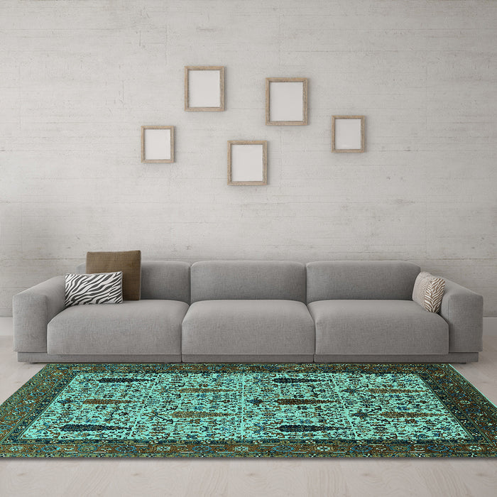 Machine Washable Oriental Turquoise Industrial Area Rugs in a Living Room,, wshurb2109turq