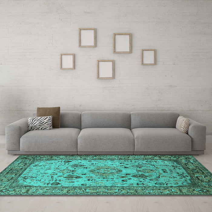 Machine Washable Oriental Turquoise Industrial Area Rugs in a Living Room,, wshurb2112turq